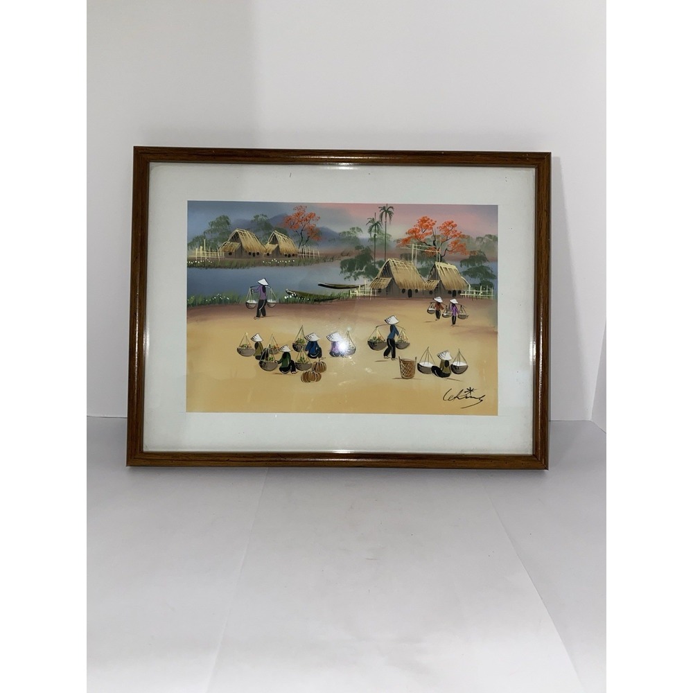 Framed Vietnamese Asian‎ Art Silk Screening Water Colors Signed  "Women Working"